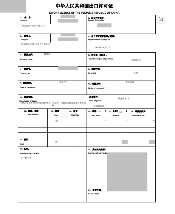Redacted Motor Vehicle Export License for Wuling model LZW1028EQU