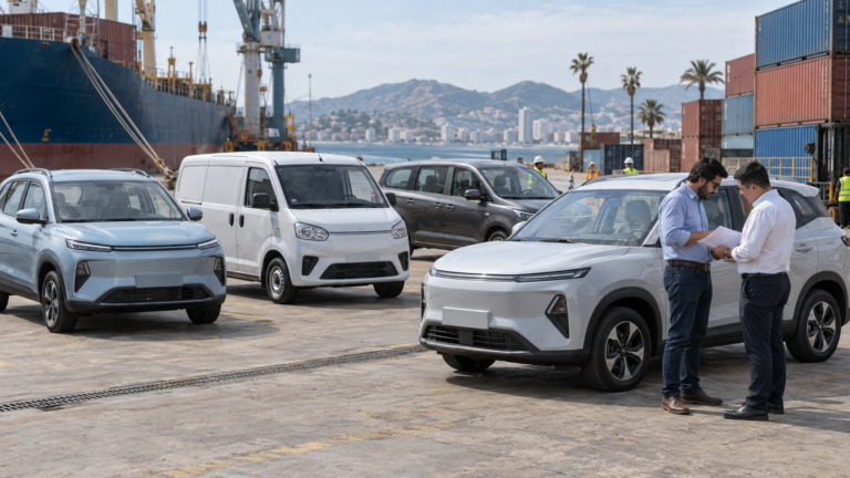 Compact SGMW-style export vehicles inspected at a South American port